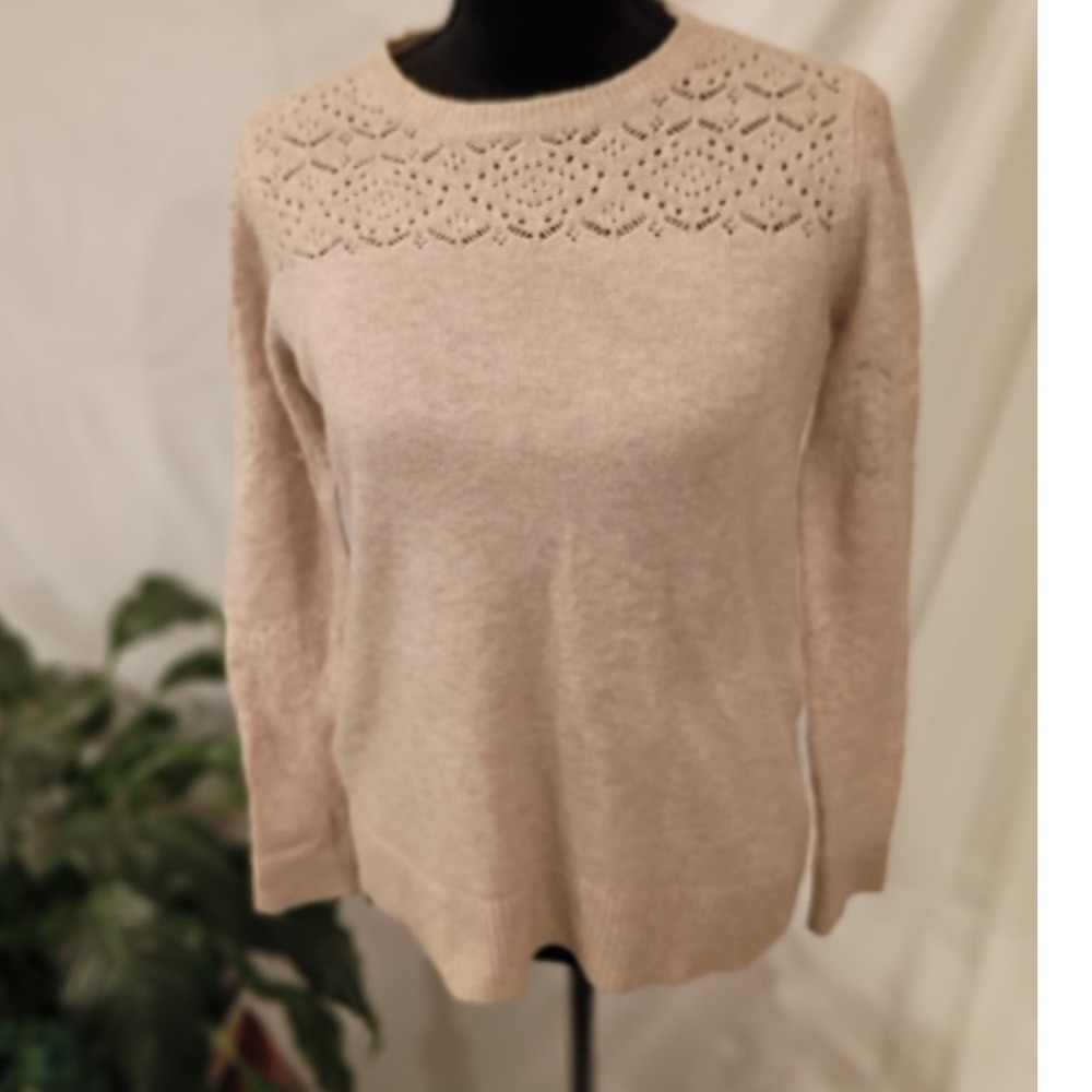 Loft Womens Small Oatmeal Beige Pointelle Lace Knit Long Sleeve Crewneck Sweater
